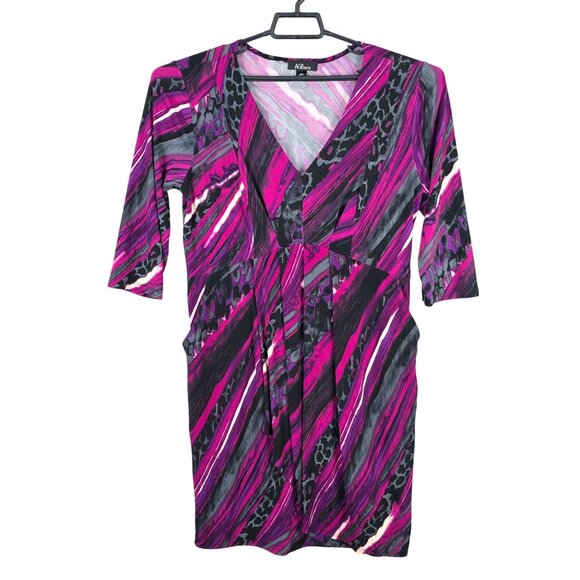 Womens AGB Purple Black Abstract Print Dress V-Neck 3/4 Sleeve Polyester Size 14 - Picture 1 of 8